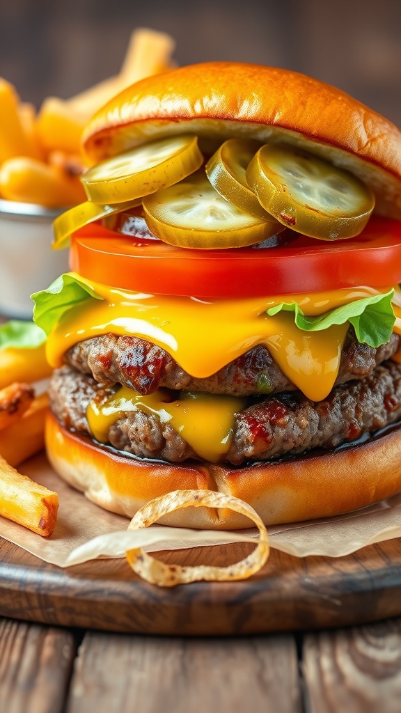 A delicious juicy burger with cheese, lettuce, tomato, and pickles on a toasted bun, served with fries.